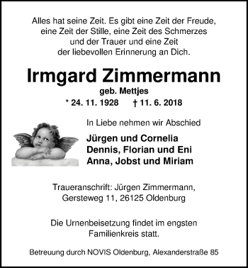 Traueranzeige von Irmgard Zimmermann von Nordwest-Zeitung