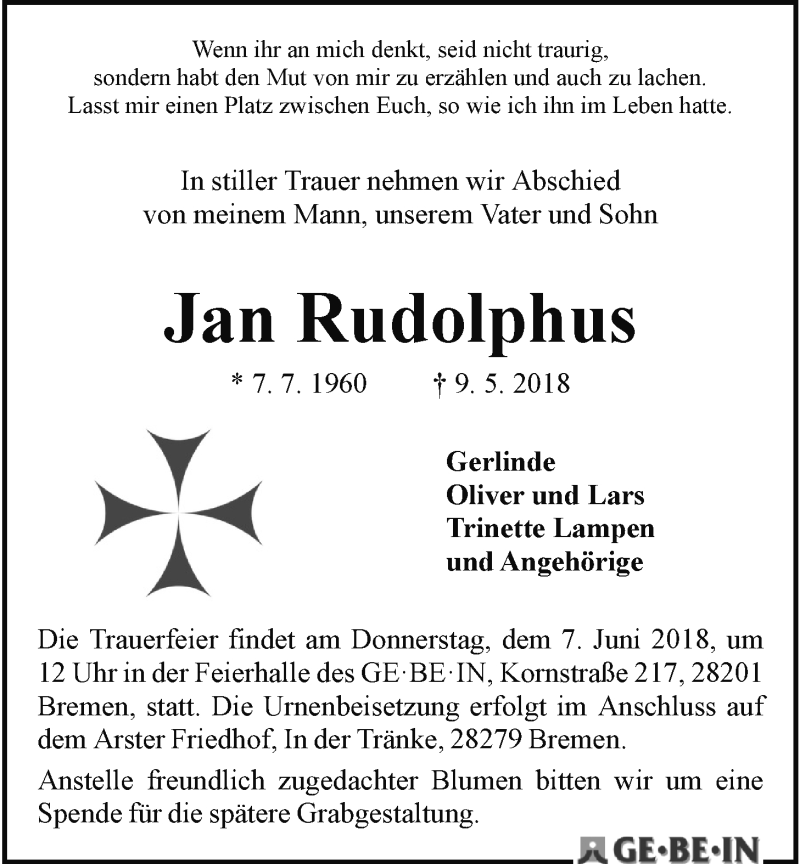  Traueranzeige für Jan Rudolphus vom 02.06.2018 aus Nordwest-Zeitung
