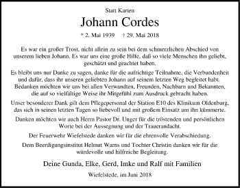 Traueranzeige von Johann Cordes von Nordwest-Zeitung