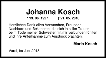 Traueranzeige von Johanna Kosch von Nordwest-Zeitung