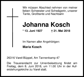Traueranzeige von Johanna Kosch von Nordwest-Zeitung
