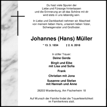 Traueranzeige von Johannes Müller von Nordwest-Zeitung