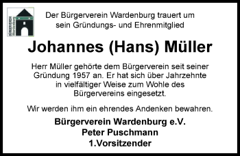 Traueranzeige von Johannes Müller von Nordwest-Zeitung