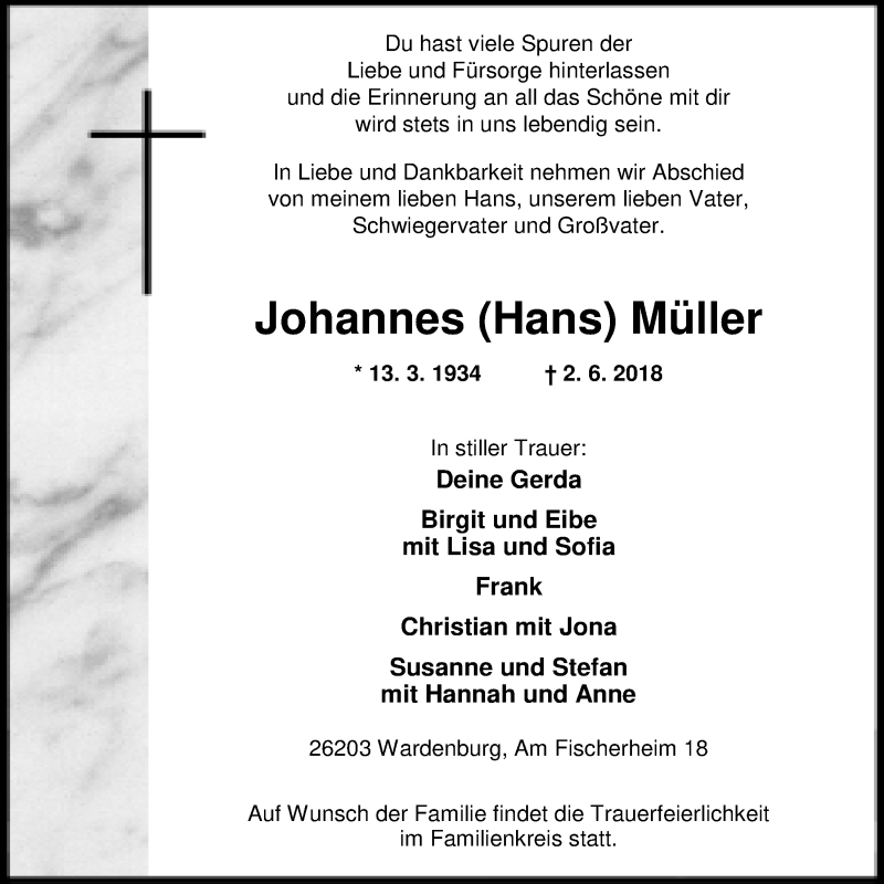  Traueranzeige für Johannes Müller vom 05.06.2018 aus Nordwest-Zeitung