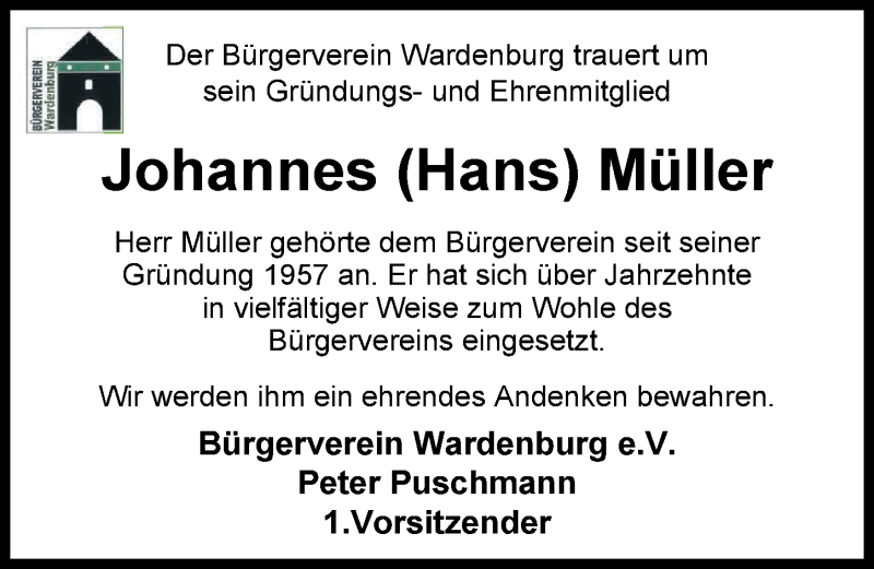  Traueranzeige für Johannes Müller vom 06.06.2018 aus Nordwest-Zeitung