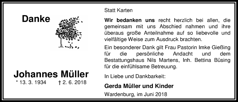  Traueranzeige für Johannes Müller vom 30.06.2018 aus Nordwest-Zeitung