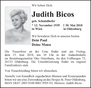 Traueranzeige von Judith Bicos von Nordwest-Zeitung