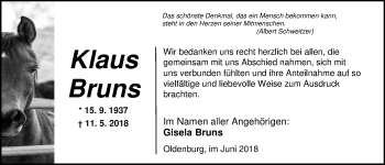 Traueranzeige von Klaus Bruns von Nordwest-Zeitung
