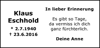 Traueranzeige von Klaus Eschhold von Nordwest-Zeitung