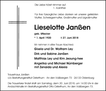 Traueranzeige von Lieselotte Janßen von Nordwest-Zeitung