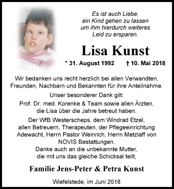Traueranzeige von Lisa Kunst von Nordwest-Zeitung