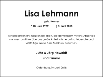 Traueranzeige von Lisa Lehmann von Nordwest-Zeitung