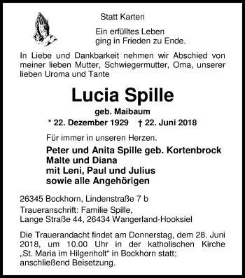 Traueranzeige von Lucia Spille von Nordwest-Zeitung