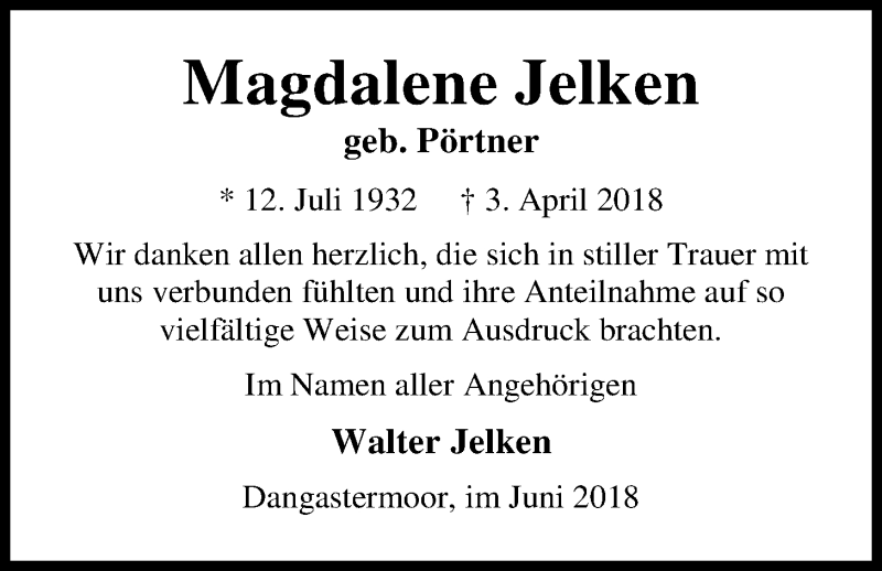 Traueranzeige für Magdalene Jelken vom 02.06.2018 aus Nordwest-Zeitung
