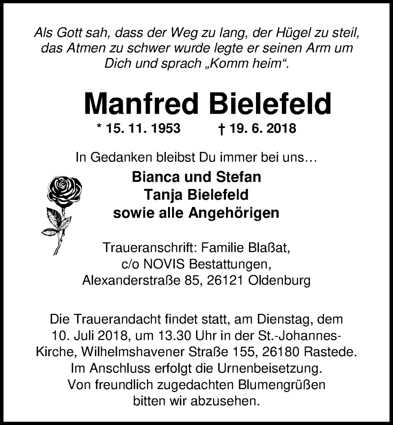  Traueranzeige für Manfred Bielefeld vom 30.06.2018 aus Nordwest-Zeitung