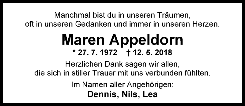 Traueranzeige für Maren Appeldorn vom 30.06.2018 aus Nordwest-Zeitung