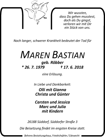 Traueranzeige von Maren Bastian von Nordwest-Zeitung