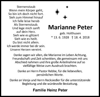 Traueranzeige von Marianne Peter von Nordwest-Zeitung