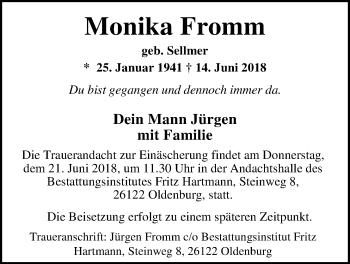Traueranzeige von Monika Fromm von Nordwest-Zeitung