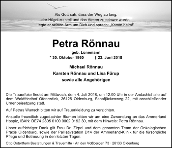 Traueranzeige von Petra Rönnau von Nordwest-Zeitung