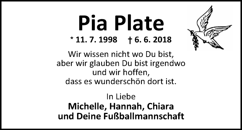  Traueranzeige für Pia Plate vom 14.06.2018 aus Nordwest-Zeitung
