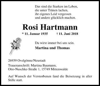 Traueranzeige von Rosi Hartmann von Nordwest-Zeitung