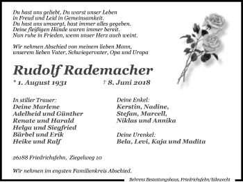 Traueranzeige von Rudolf Rademacher von Nordwest-Zeitung