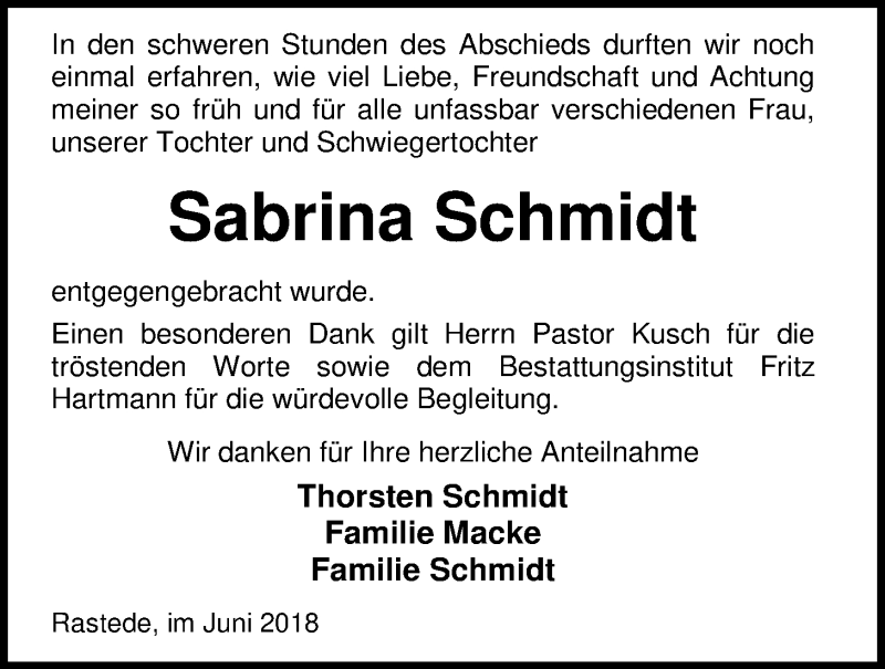  Traueranzeige für Sabrina Schmidt vom 09.06.2018 aus Nordwest-Zeitung