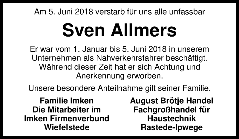  Traueranzeige für Sven Allmers vom 09.06.2018 aus Nordwest-Zeitung
