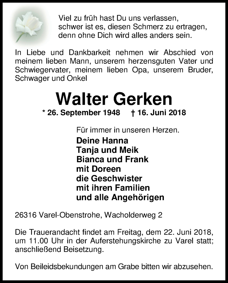  Traueranzeige für Walter Gerken vom 19.06.2018 aus Nordwest-Zeitung