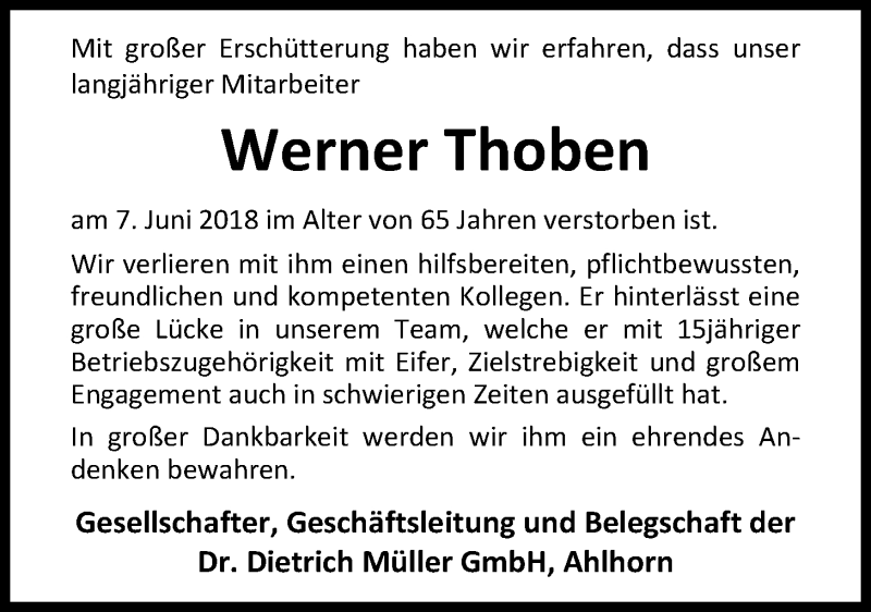  Traueranzeige für Werner Thoben vom 09.06.2018 aus Nordwest-Zeitung