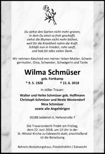 Traueranzeige von Wilma Schmüser von Nordwest-Zeitung