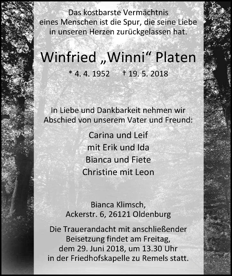  Traueranzeige für Winfried Platen vom 23.06.2018 aus Nordwest-Zeitung