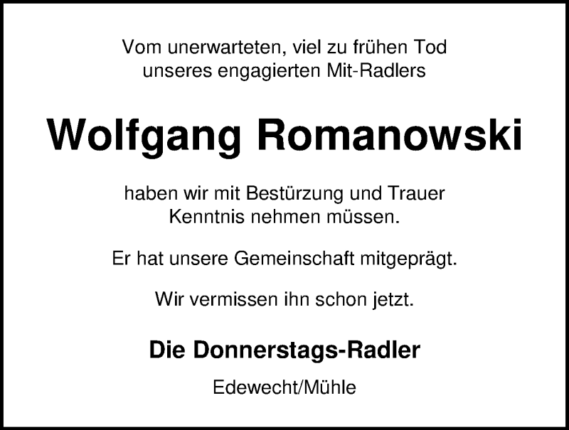  Traueranzeige für Wolfgang Romanowski vom 23.06.2018 aus Nordwest-Zeitung
