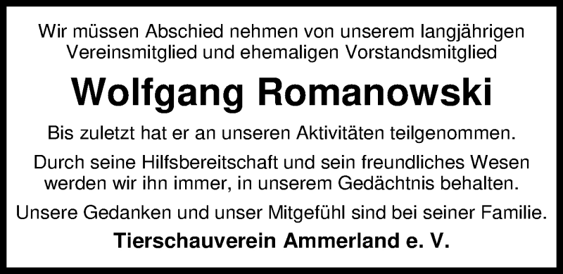  Traueranzeige für Wolfgang Romanowski vom 26.06.2018 aus Nordwest-Zeitung