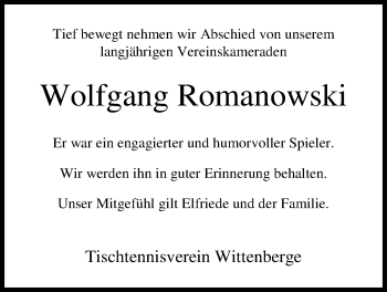 Traueranzeige von Wolfgang Romanowski von Nordwest-Zeitung