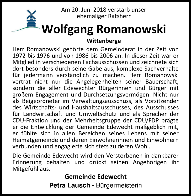  Traueranzeige für Wolfgang Romanowski vom 23.06.2018 aus Nordwest-Zeitung