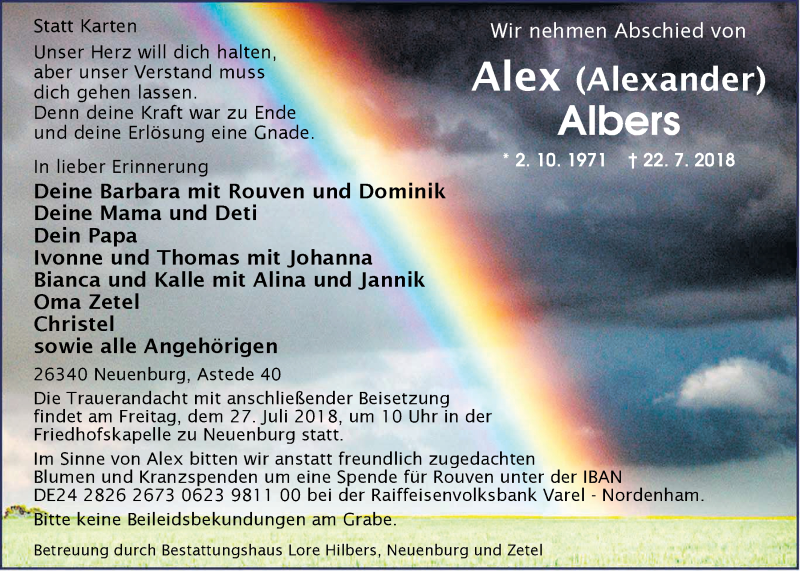  Traueranzeige für Alex (Alexander) Albers vom 25.07.2018 aus Nordwest-Zeitung