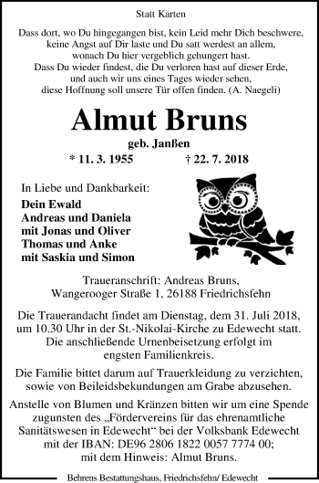 Traueranzeige von Almut Bruns von Nordwest-Zeitung
