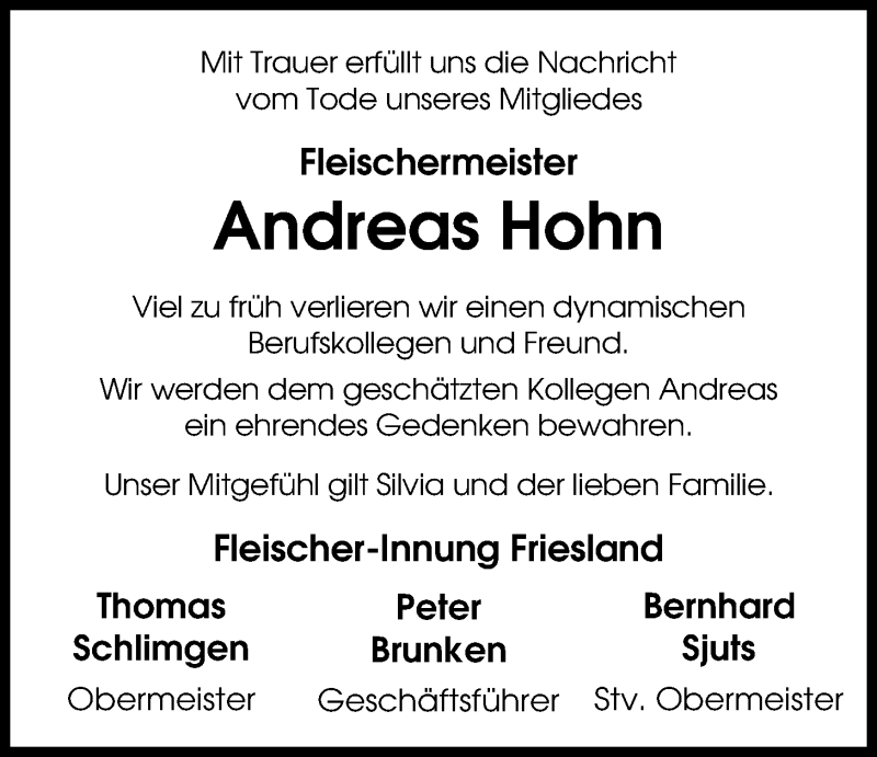  Traueranzeige für Andreas Hohn vom 28.07.2018 aus Nordwest-Zeitung