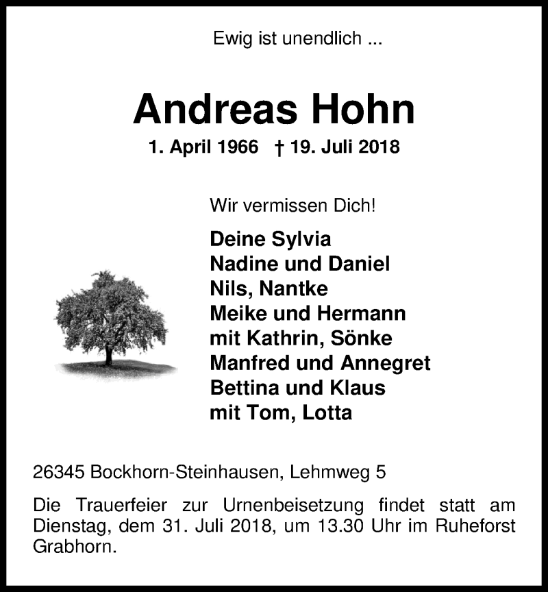  Traueranzeige für Andreas Hohn vom 28.07.2018 aus Nordwest-Zeitung