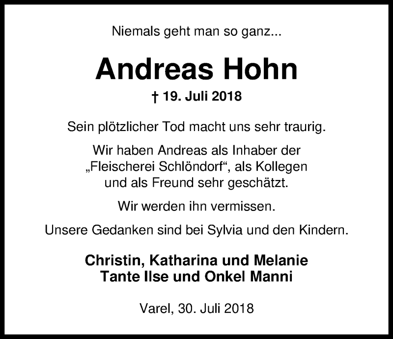  Traueranzeige für Andreas Hohn vom 30.07.2018 aus Nordwest-Zeitung