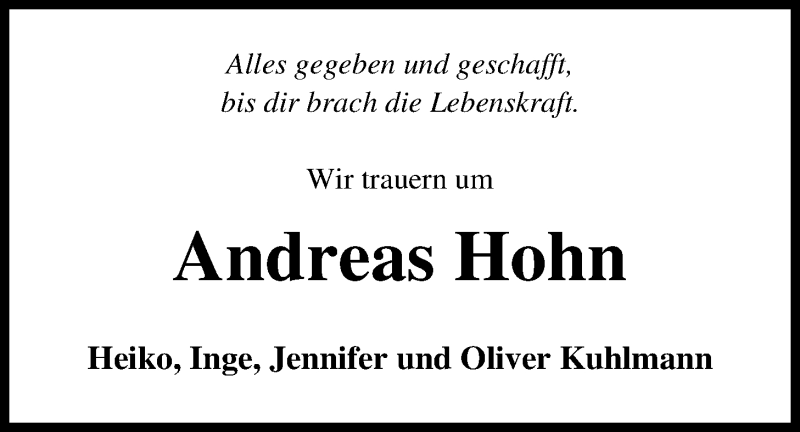  Traueranzeige für Andreas Hohn vom 31.07.2018 aus Nordwest-Zeitung