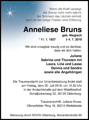 Traueranzeige von Anneliese Bruns von Nordwest-Zeitung
