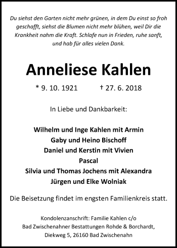 Traueranzeige von Anneliese Kahlen von Nordwest-Zeitung