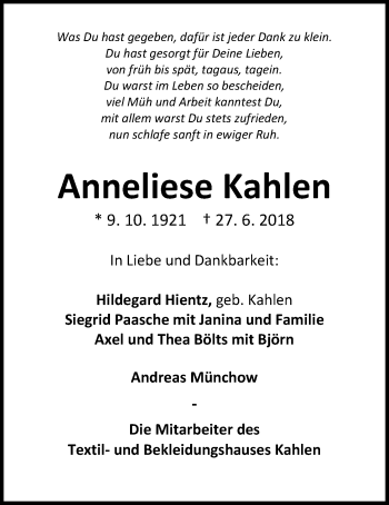 Traueranzeige von Anneliese Kahlen von Nordwest-Zeitung