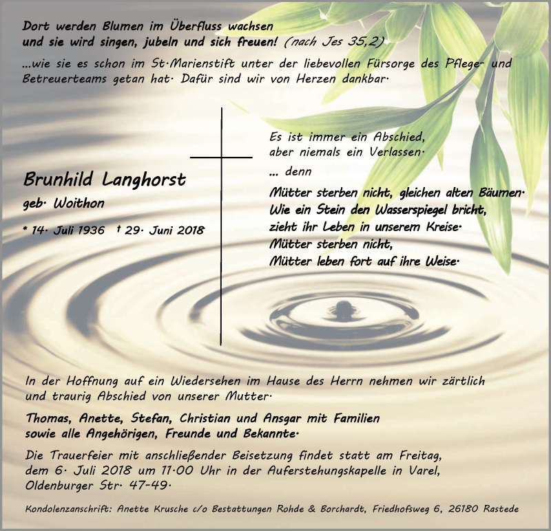  Traueranzeige für Brunhild Langhorst vom 03.07.2018 aus Nordwest-Zeitung