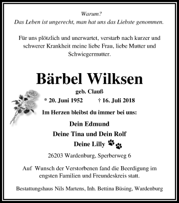 Traueranzeige von Bärbel Wilksen von Nordwest-Zeitung