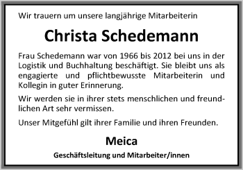 Traueranzeige von Christa Schedemann von Nordwest-Zeitung