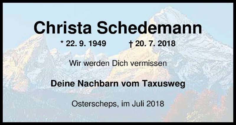  Traueranzeige für Christa Schedemann vom 24.07.2018 aus Nordwest-Zeitung